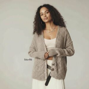 Free People Fun Times Cardi Oatmeal Open Knit Distressed Cardigan Sweater XS